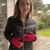 Fingerless Ladies Gloves - Half Finger Lambs Wool Gloves - Pink with Model
