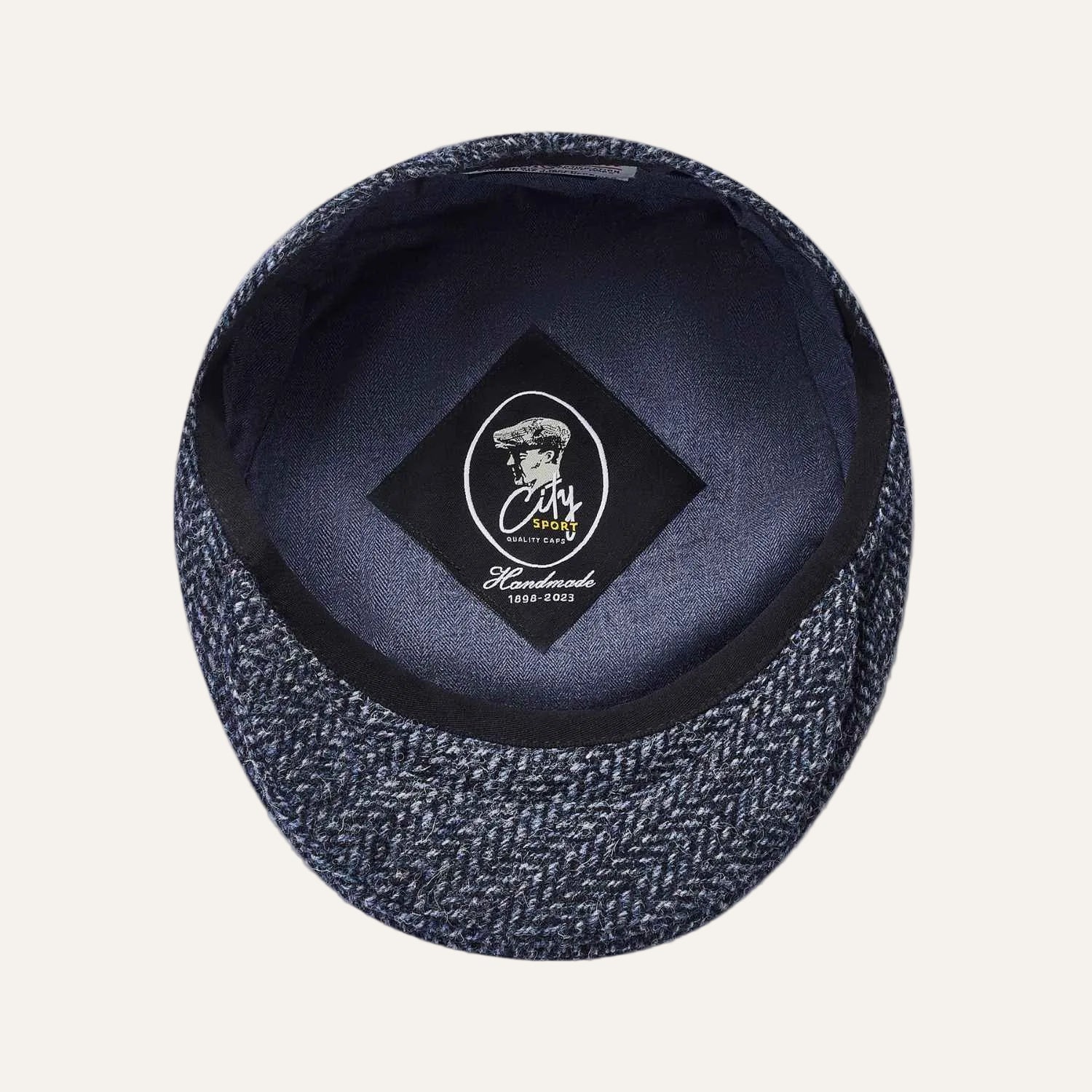 Harris Tweed Flat Cap by City Sport | Blue Herringbone Cap | Inside View