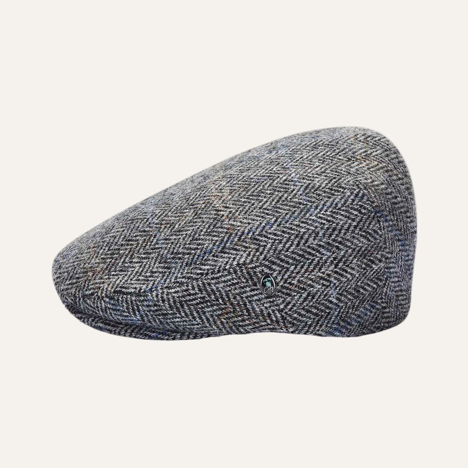 Grey Herringbone Flat Hat | Harris Tweed Flat Cap | Side View