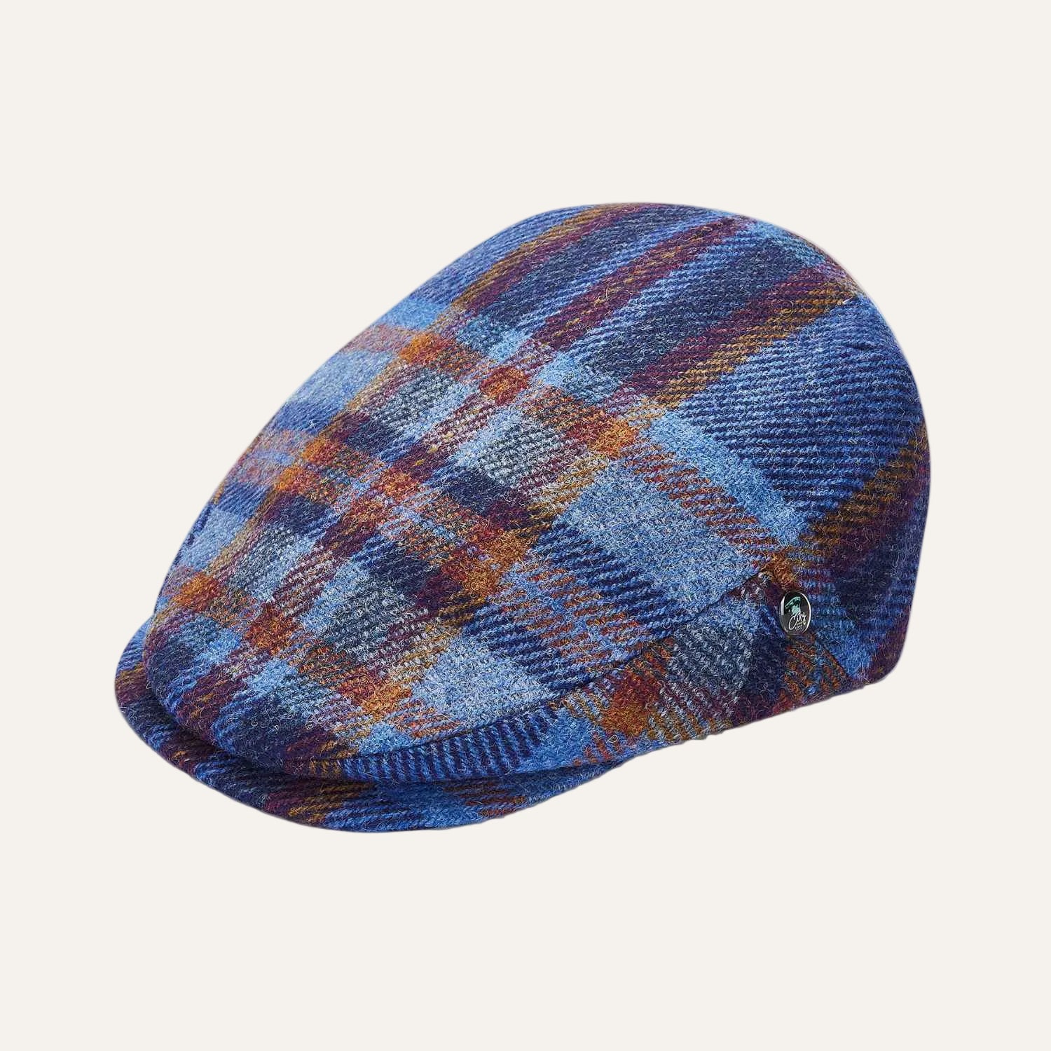 Blue Check Wool Flat Cap by City Sport | Extended Peak | Front/Side View
