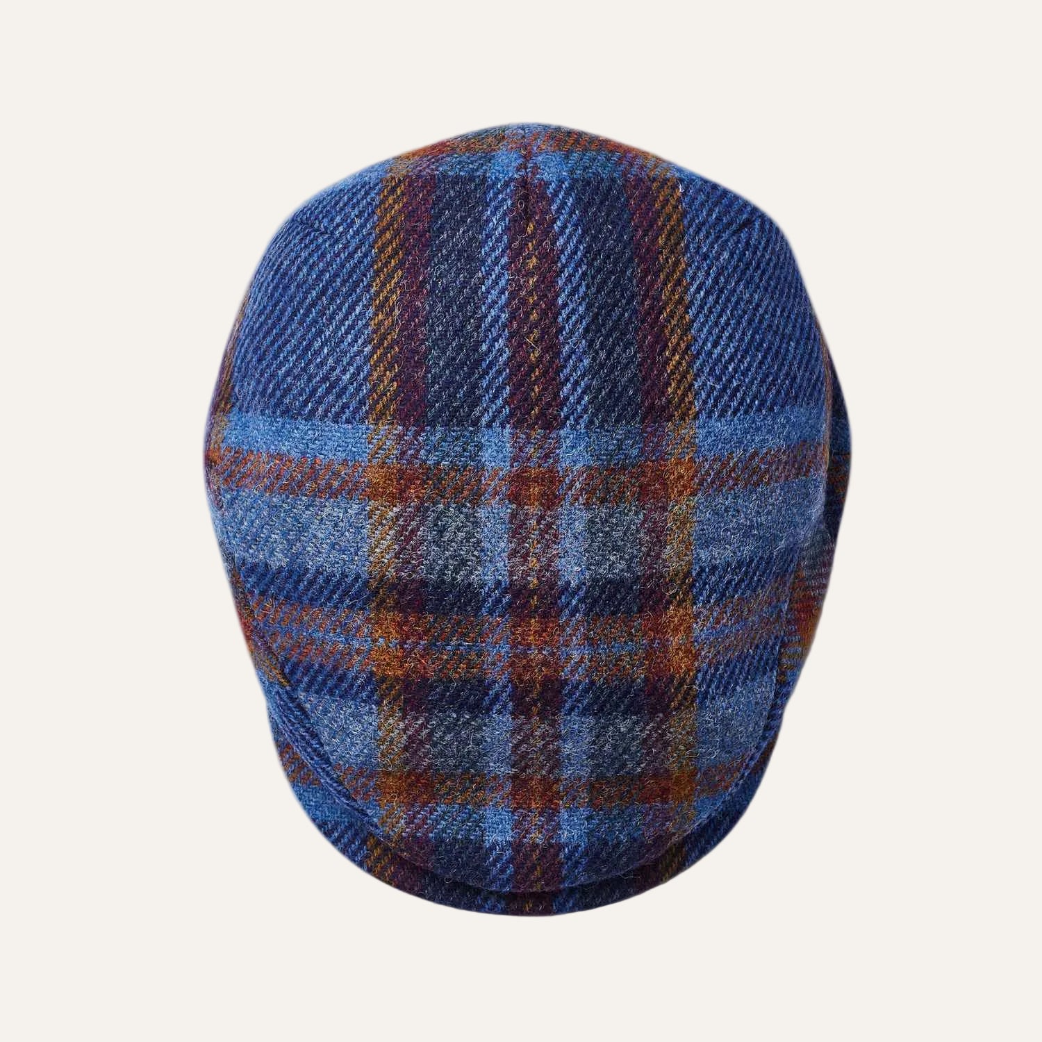 Blue Check Wool Flat Cap by City Sport | Extended Peak | Top View