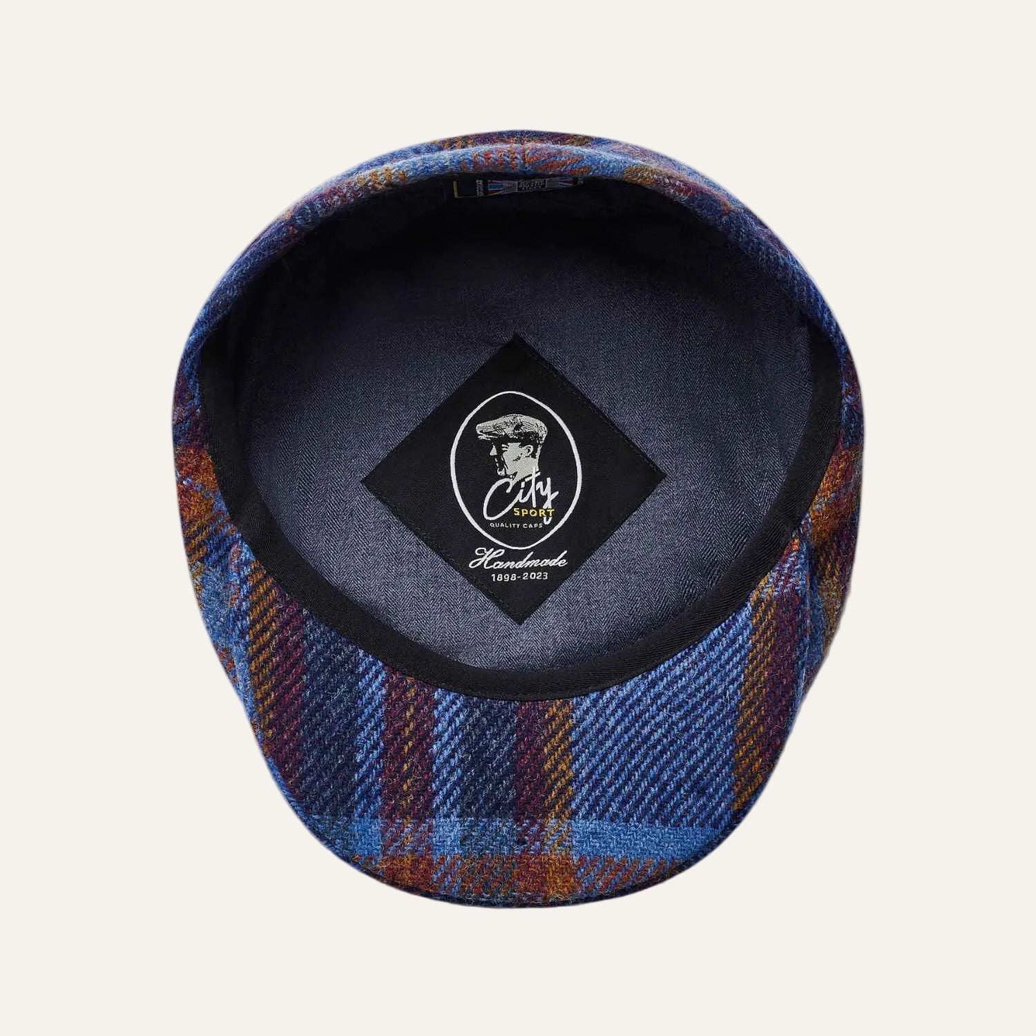 Blue Check Wool Flat Cap by City Sport | Extended Peak | Inside View