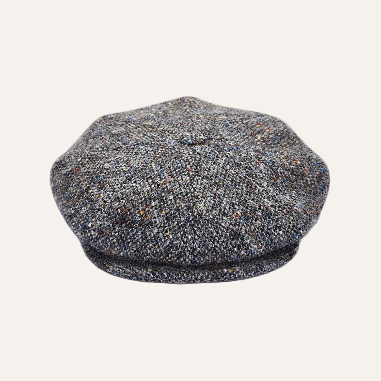 Front View | 8 Piece Baker Boy Hat by City Sport | Grey Speckled Donegal Tweed Cap |