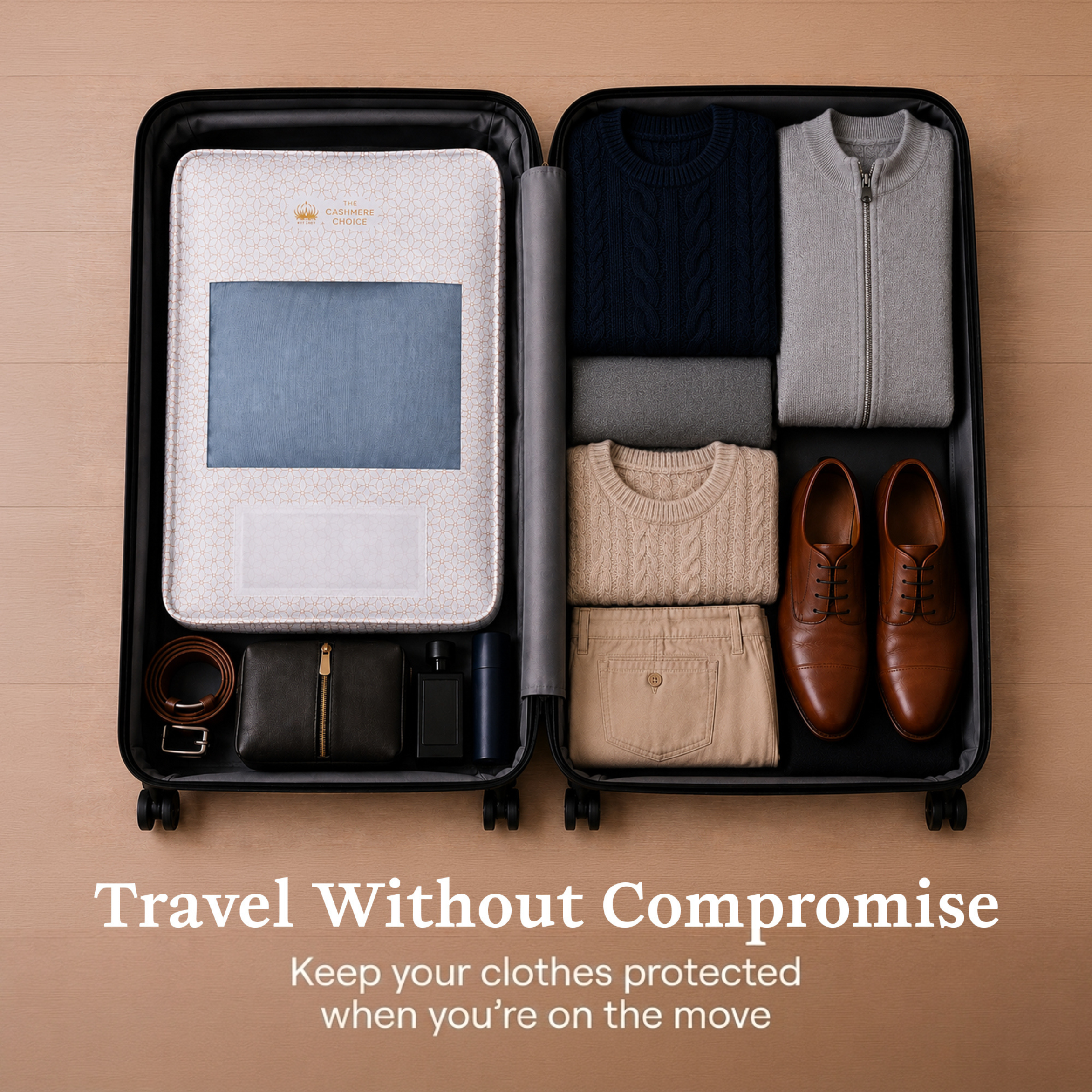 An open black suitcase shown from above, packed with folded clothing and accessories including a white cotton storage bag for cashmere. Text below reads 'Travel Without Compromise' and 'Keep your clothes protected when you're on the move.