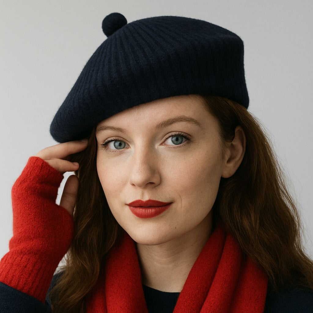 Women's Wool Pom Pom Beret | Knitted Ribbed Beret | Navy Blue - on a model v1