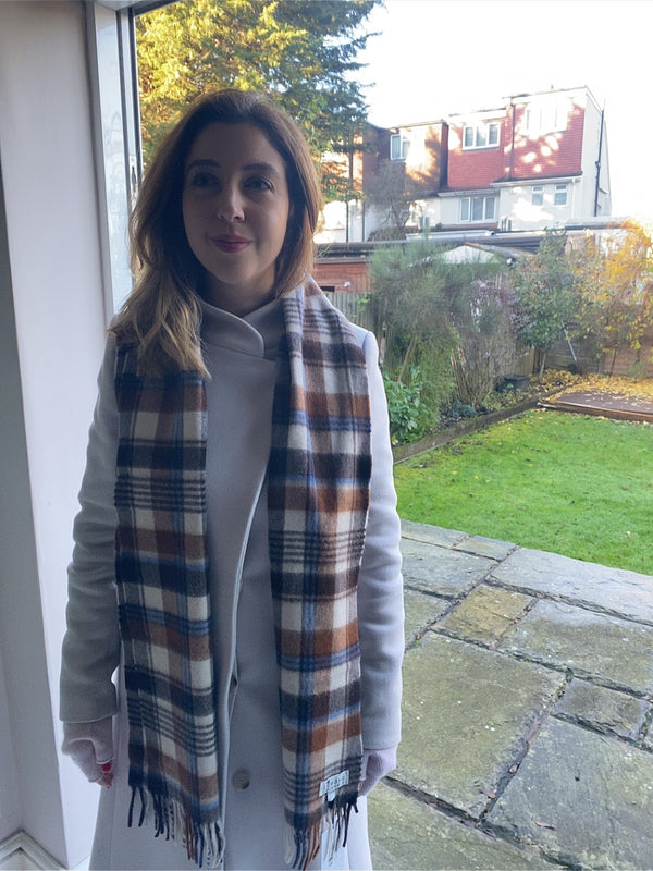 Cashmere Checked Scarf - brown, beige, blue tones