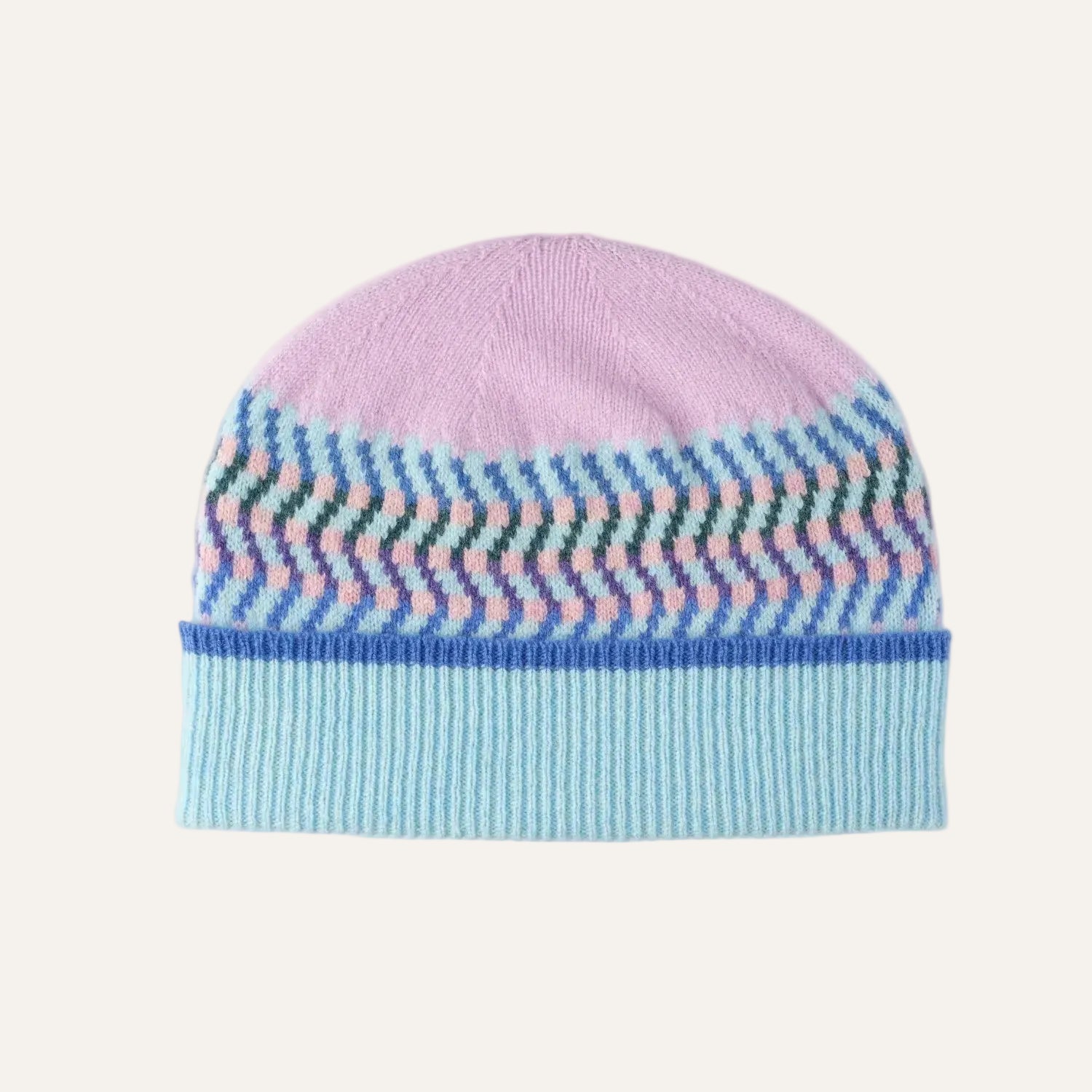 Ladies Patterned Wool Beanie Hat | Pink and Blue | Jacquard Print | The Cashmere Choice