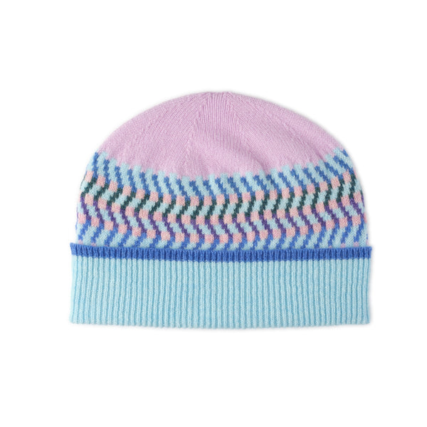 Ladies Patterned Wool Beanie Hat | Pink and Blue  | Jacquard Print | The Cashmere Choice