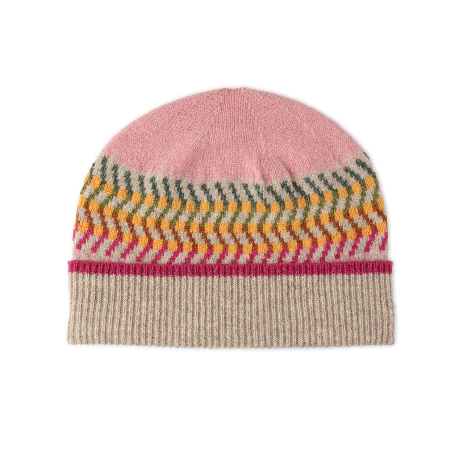 Ladies Patterned Wool Beanie Hat | Pink and Beige | Jacquard Print | The Cashmere Choice