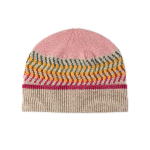 Ladies Patterned Wool Beanie Hat | Pink and Beige | Jacquard Print | The Cashmere Choice