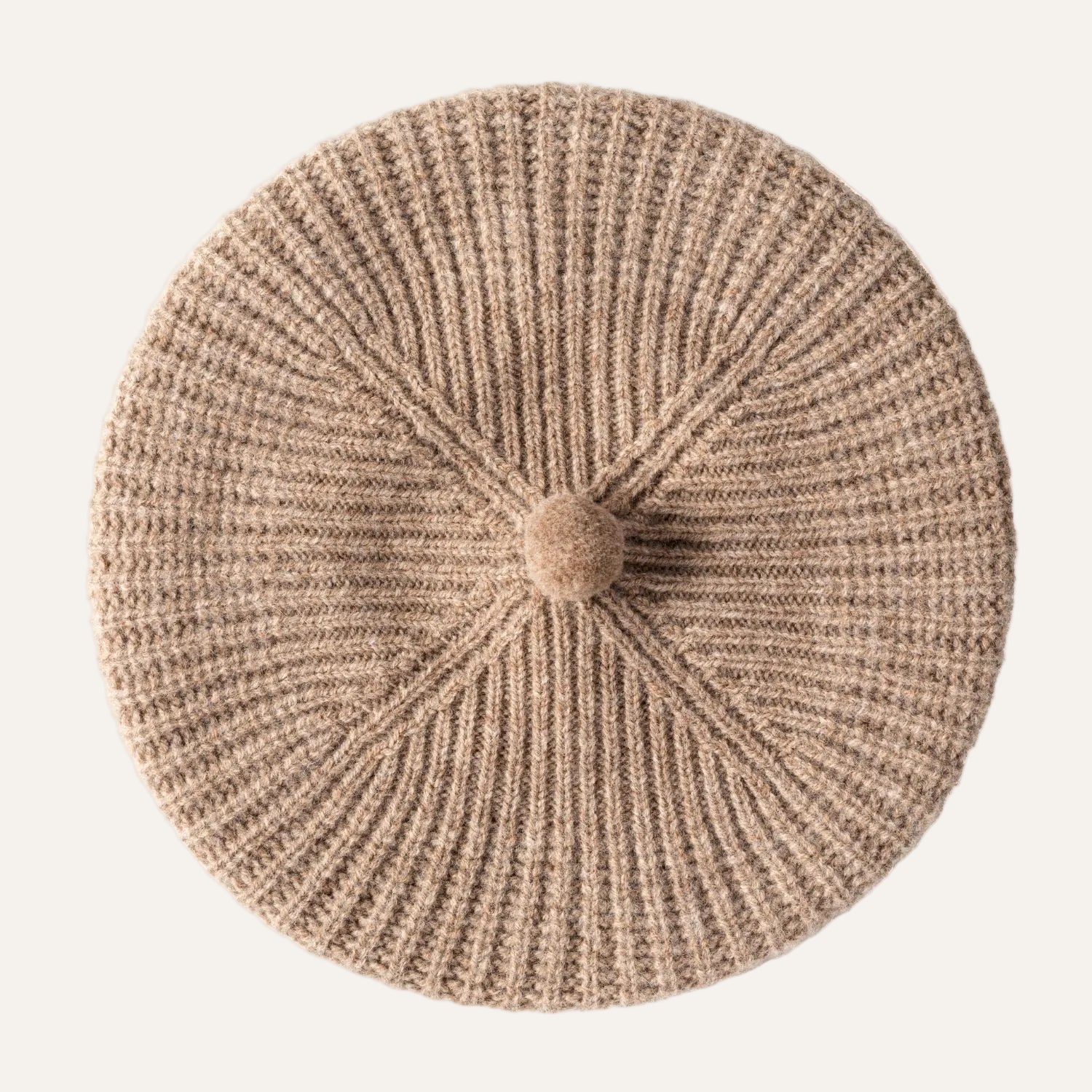 Women's Wool Pom Pom Beret | Knitted Ribbed Beret | Biege Brown