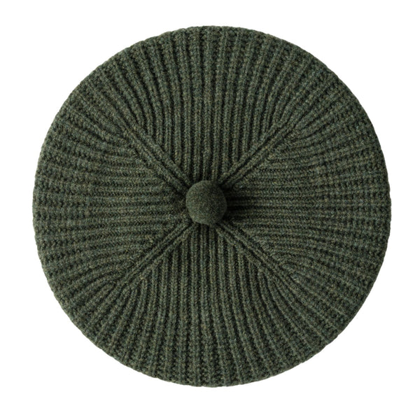 Women's Wool Pom Pom Beret | Knitted Ribbed Beret | Rosemary Green