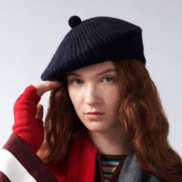 Women's Wool Pom Pom Beret | Knitted Ribbed Beret | Navy Blue on Model