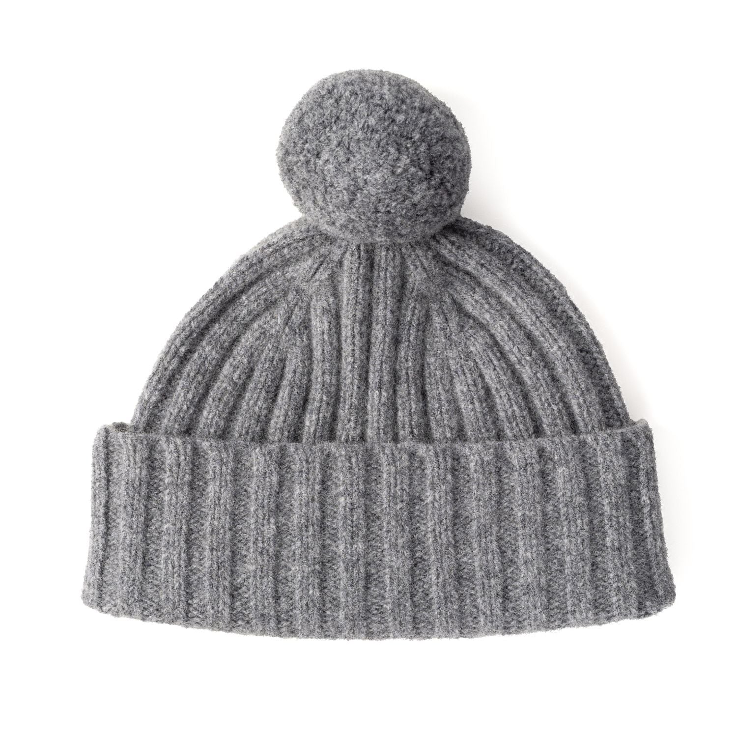 Lambswool Pom Pom Beanie Hat - Ribbed beanie for women - Grey