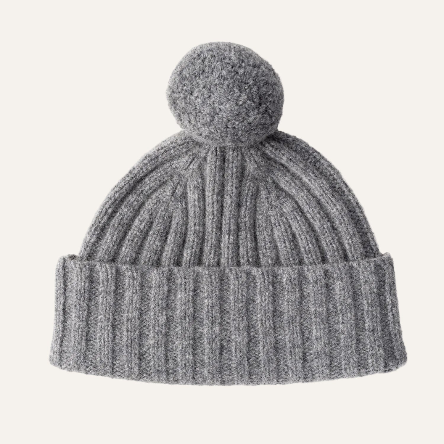 Lambswool Pom Pom Beanie Hat - Ribbed beanie for women - Grey