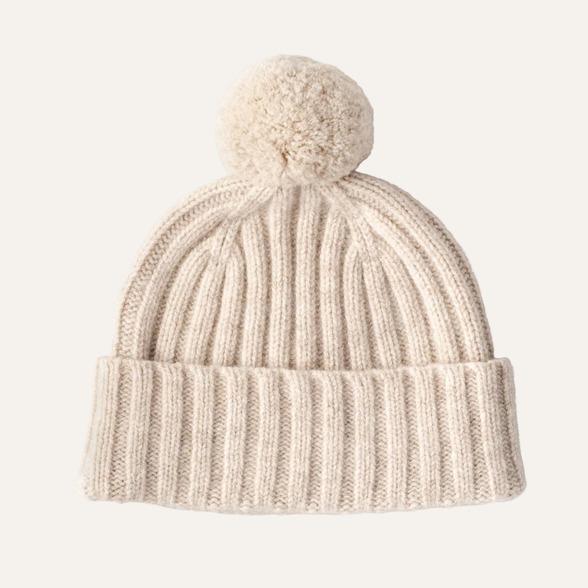 Lambswool Pom Pom Beanie Hat - Ribbed beanie for women - cream