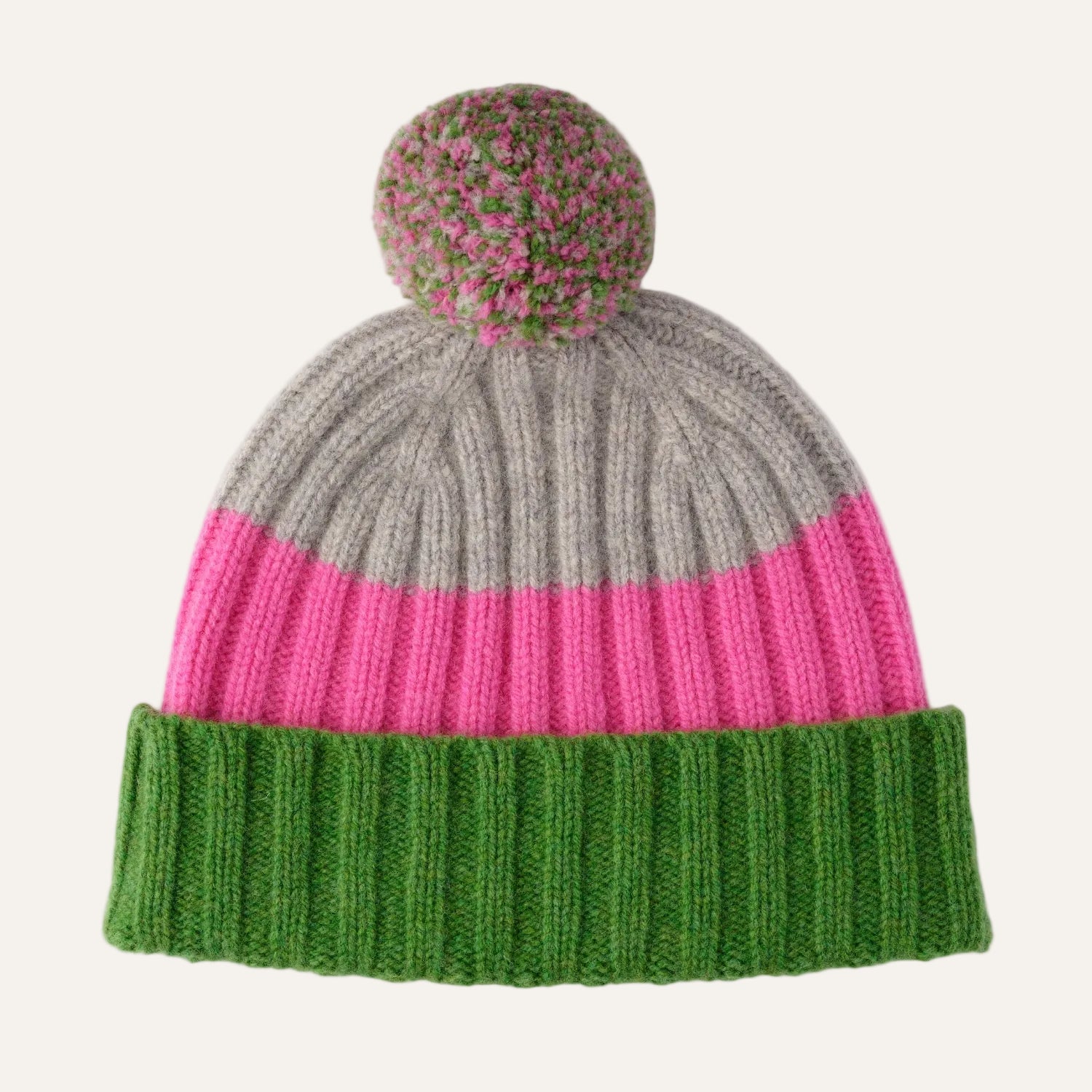 Pom Pom Hat | Grey, Green, Pink | The Cashmere Choice