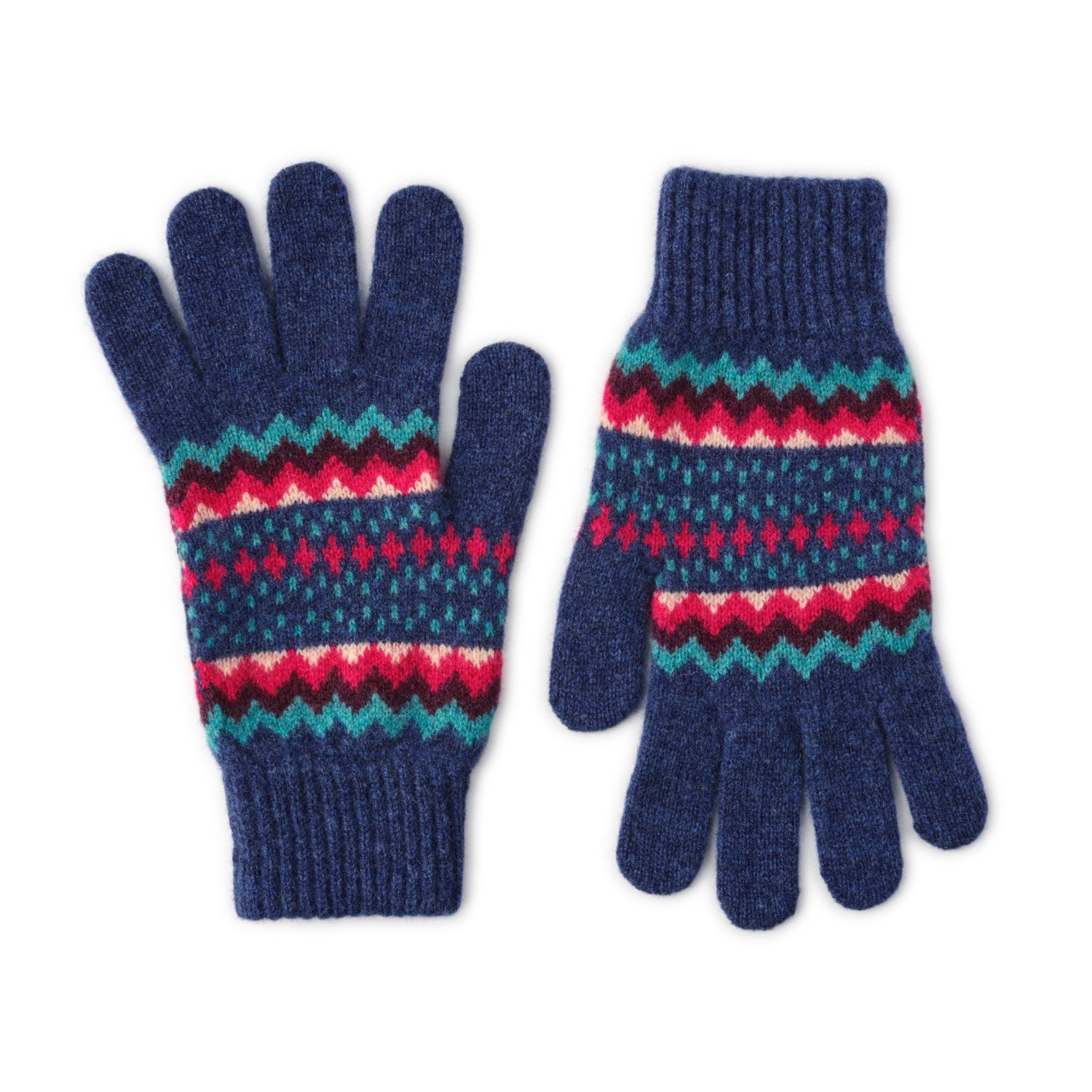 Pure Lambswool Ladies Gloves - Patterned Christmas Gloves - Blue