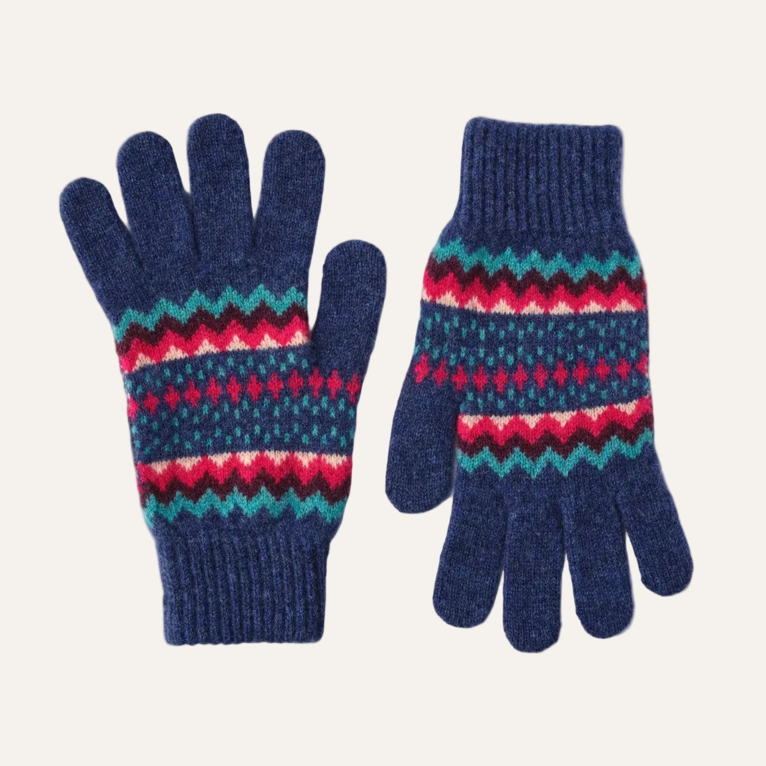 Pure Lambswool Ladies Gloves - Patterned Christmas Gloves - Blue