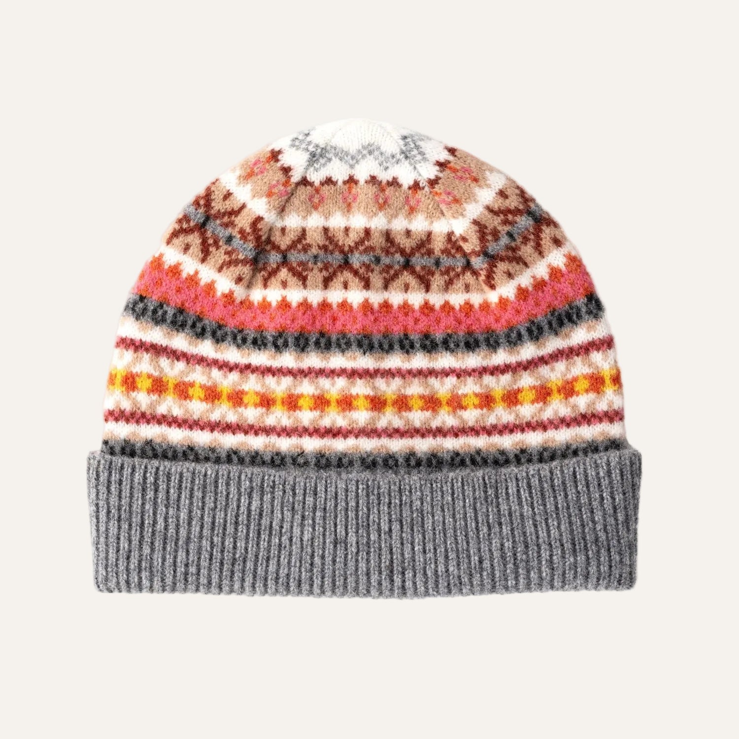 Ladies Fairisle Wool Beanie | Beige, Pink, GreyPattern | The Cashmere Choice