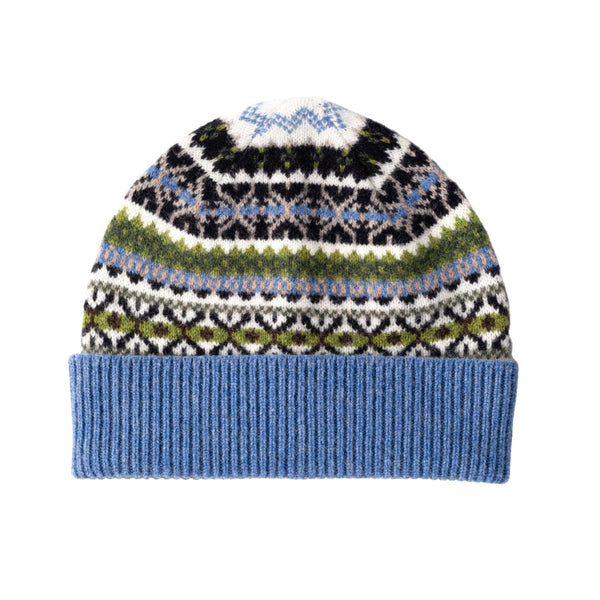 Ladies Fairisle Wool Beanie | White, Blue, Green Pattern | The Cashmere Choice