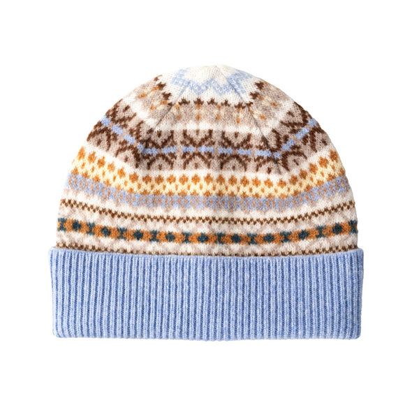 Ladies Fairisle Wool Beanie | Beige, Cream, Blye Pattern | The Cashmere Choice