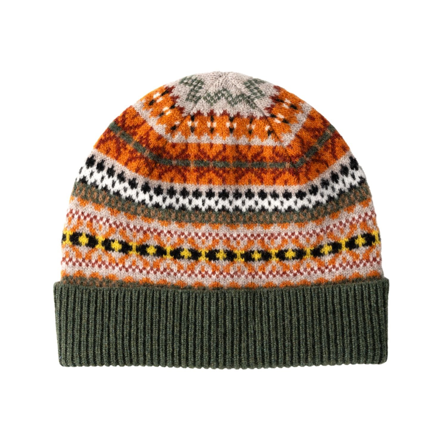 Ladies Fairisle Wool Beanie | Beige, Orange, Green Pattern | The Cashmere Choice