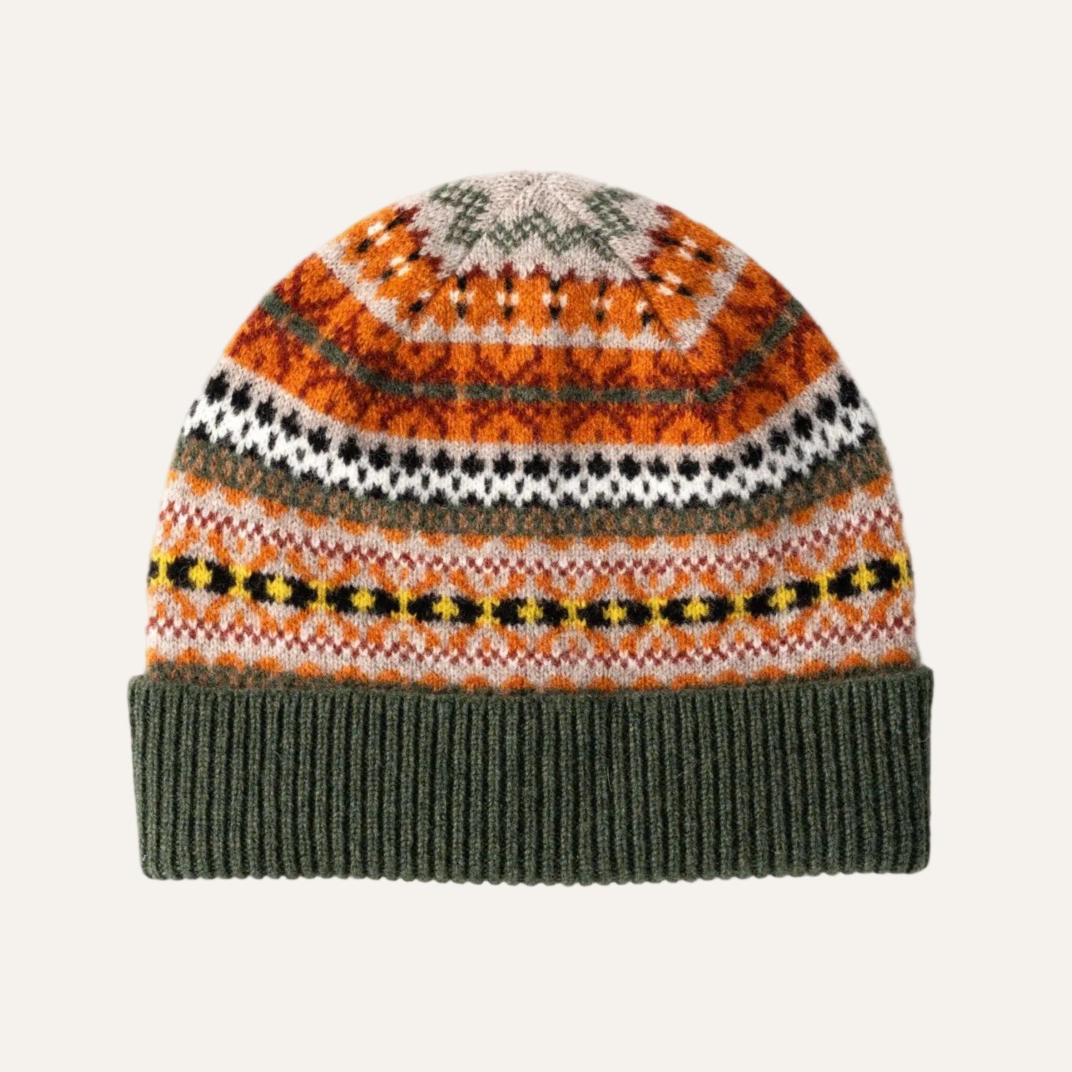 Ladies Fairisle Wool Beanie | Beige, Orange, Green Pattern | The Cashmere Choice
