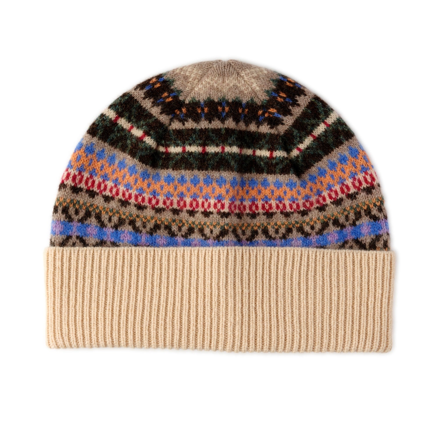 Ladies Fairisle Wool Beanie | Beige, Blue, Green Pattern | The Cashmere Choice