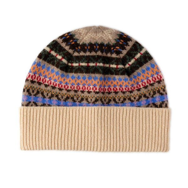 Ladies Fairisle Wool Beanie | Beige, Blue, Green Pattern | The Cashmere Choice