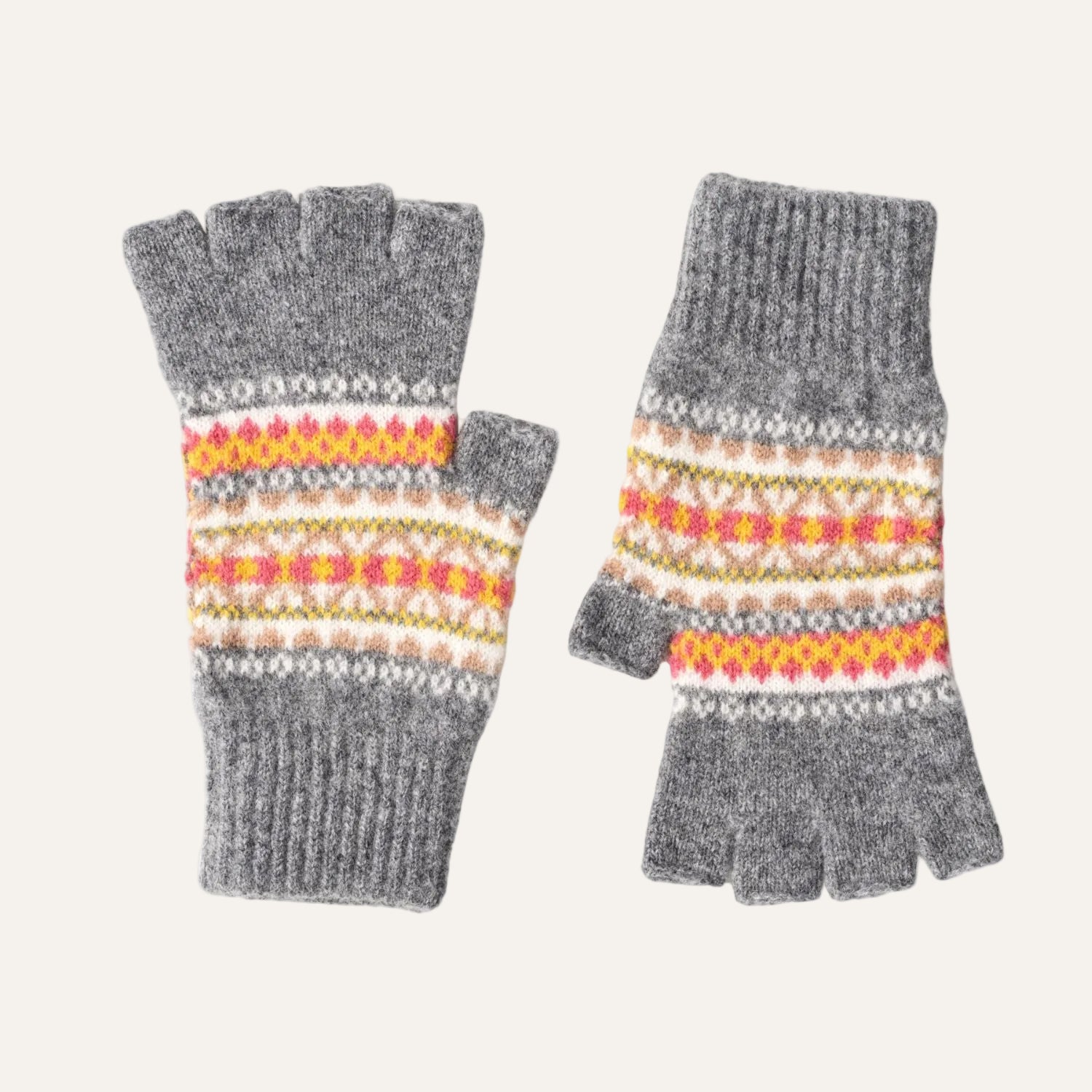 Fairisle Patterned Fingerless Wool Gloves for Ladies | Grey | The Cashmere Choice