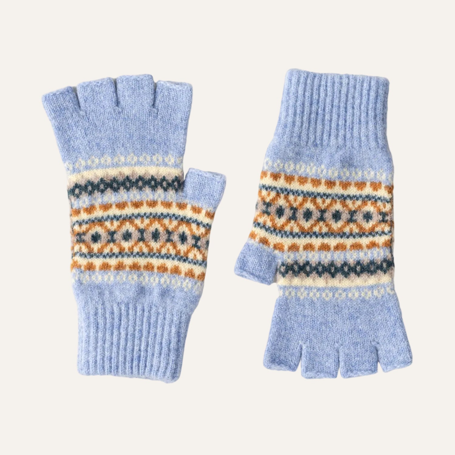 Fairisle Patterned Fingerless Wool Gloves for Ladies | Light Blue | The Cashmere Choice