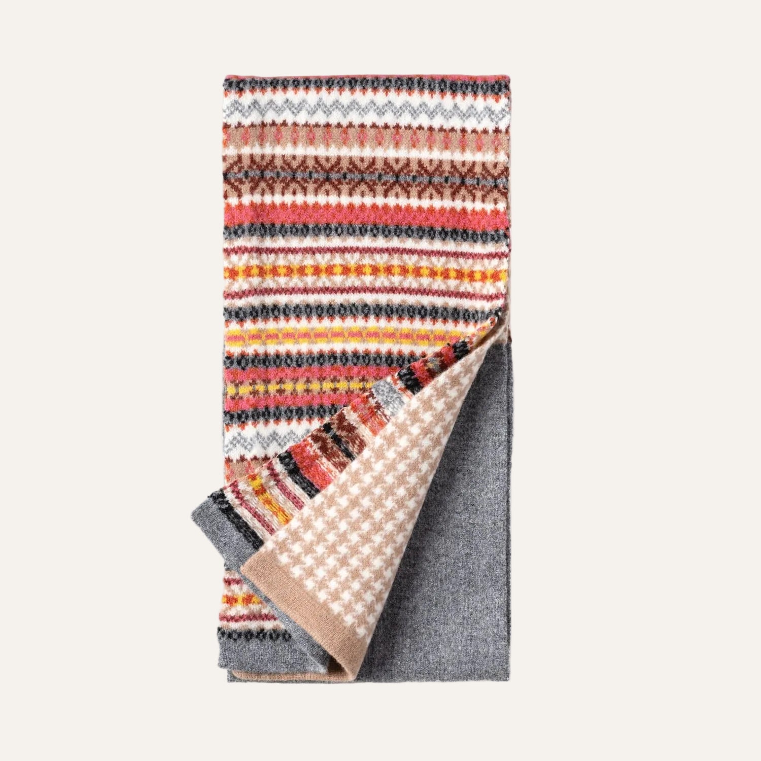 Ladies Fairisle Wool Scarf | Beige, Pink, GreyPattern | The Cashmere Choice