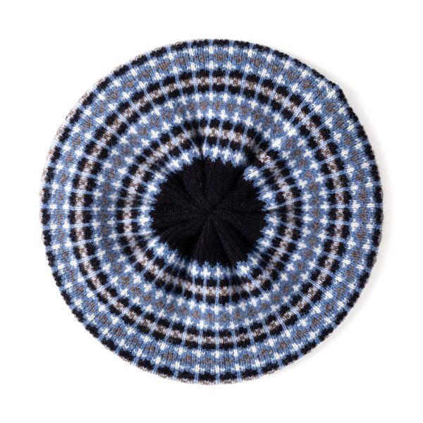 Women's Wool Beret | Knitted Beret | Navy Blue Fairisle Pattern Beret