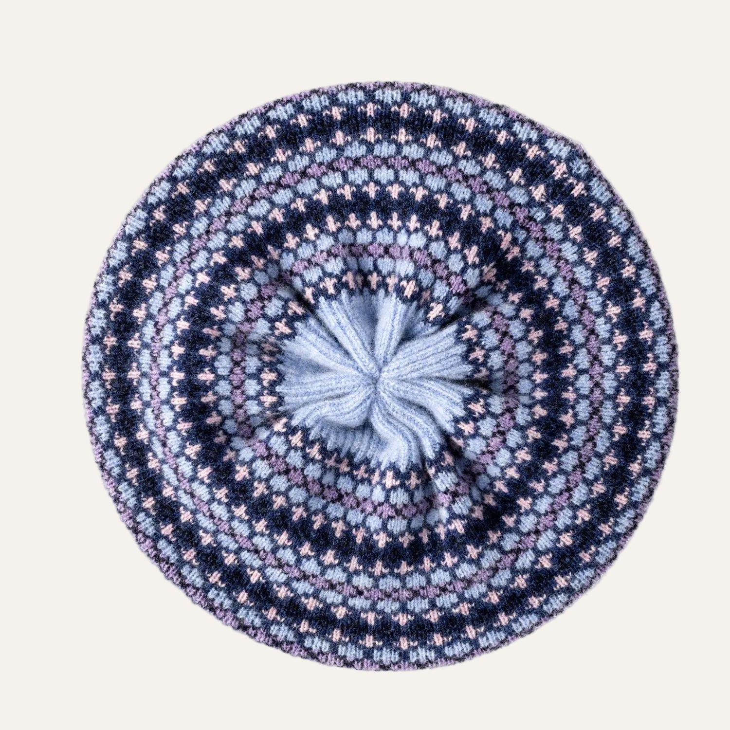 Women's Wool Beret | Knitted Beret | Light Blue Fairisle Pattern Beret