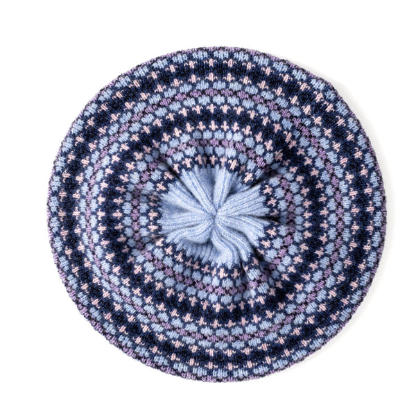 Women's Wool Beret | Knitted Beret | Light Blue Fairisle Pattern Beret