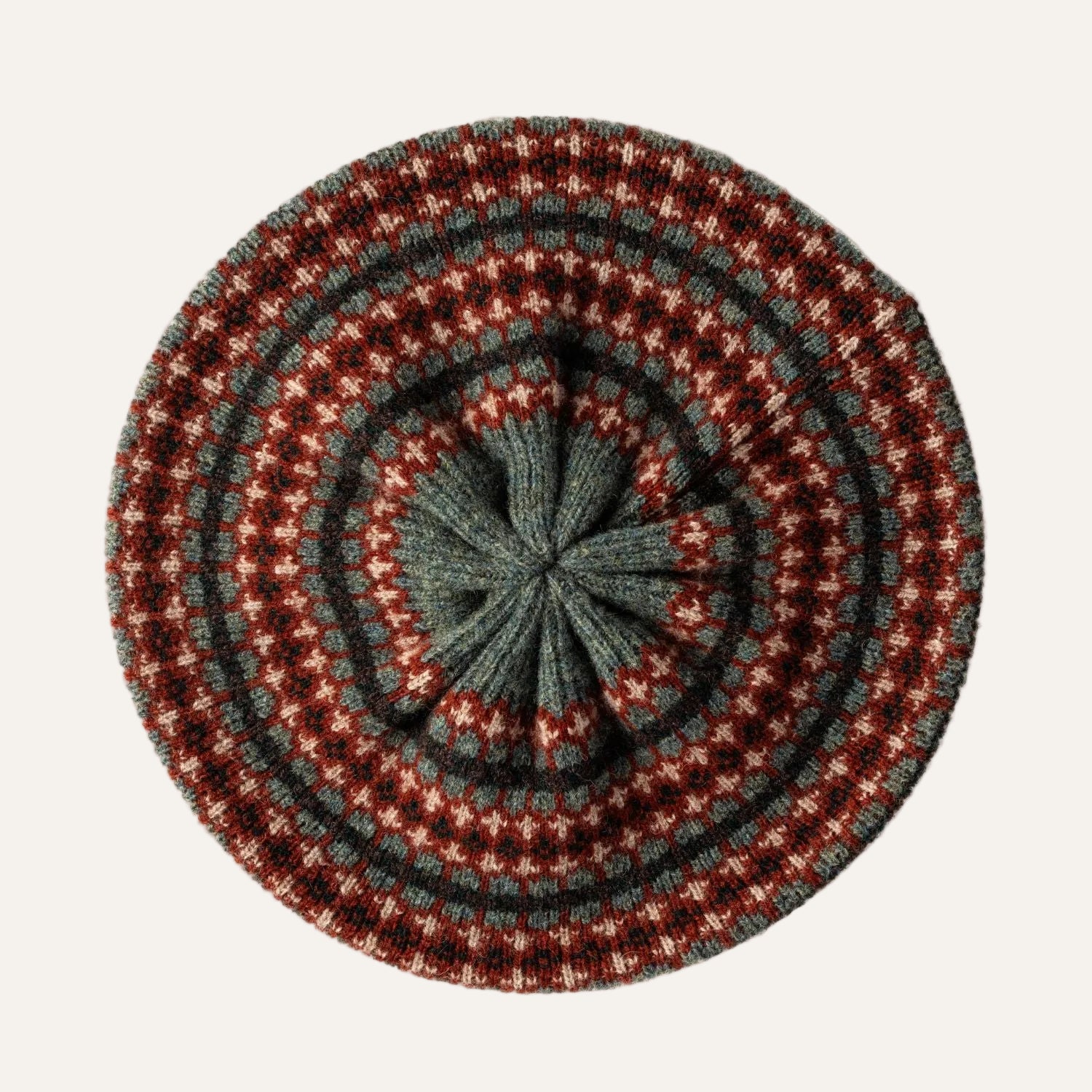 Women's Wool Beret | Knitted Beret | Green Fairisle Pattern Beret