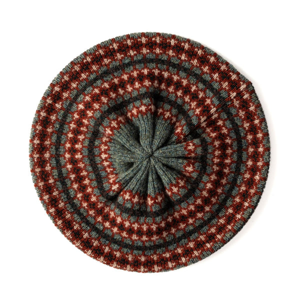 Women's Wool Beret | Knitted Beret | Green Fairisle Pattern Beret