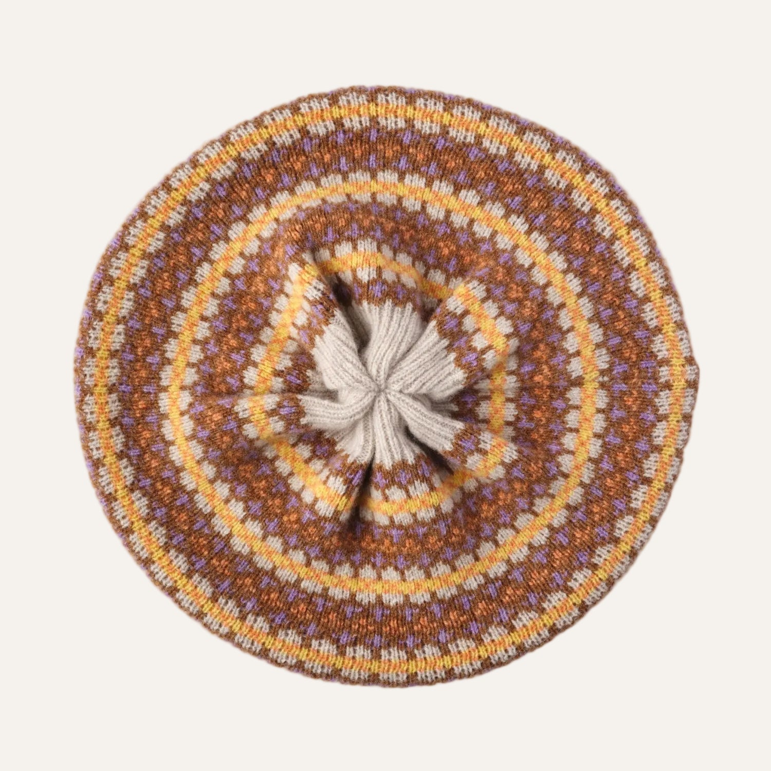 Women's Wool Beret | Knitted Beret | Yellow Beige Fairisle Pattern Beret