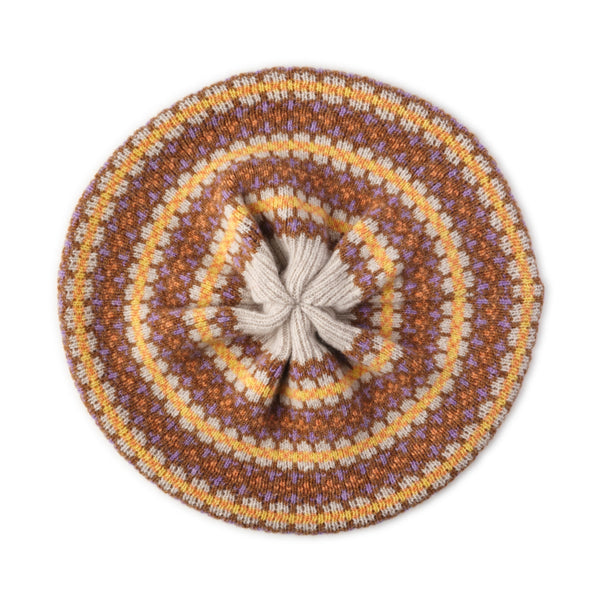 Women's Wool Beret | Knitted Beret | Yellow Beige Fairisle Pattern Beret