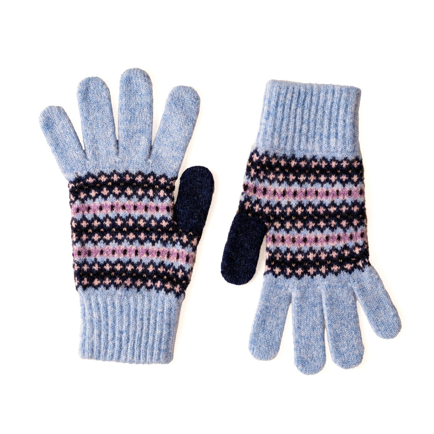 Women's Wool Gloves | Light Blue Fairisle Pattern Knitted Gloves