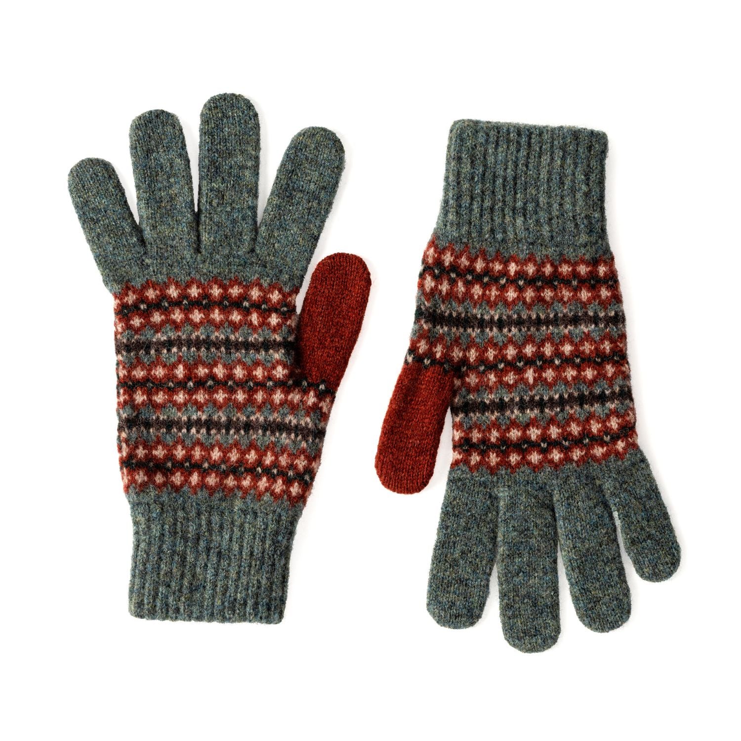 Women's Wool Gloves | Green Fairisle Pattern Knitted Gloves