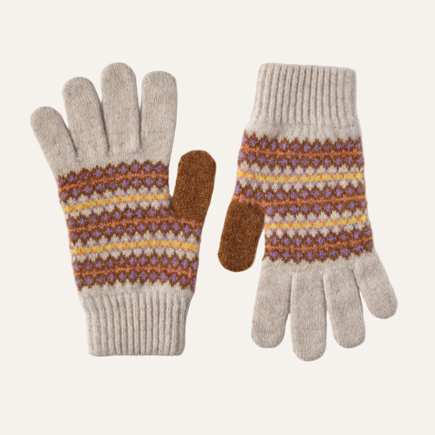 Women's Wool Gloves | Beige Fairisle Pattern Knitted Gloves