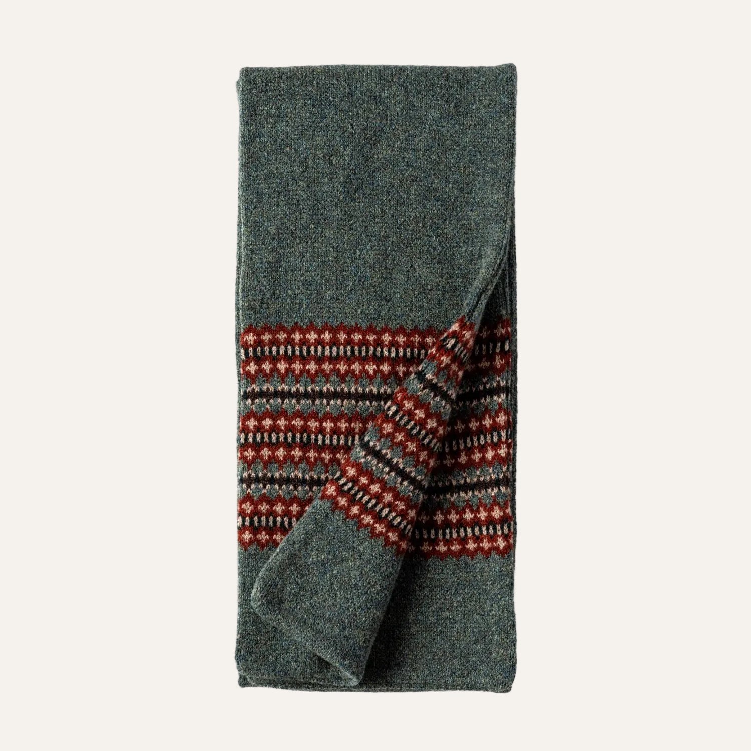 Women's Wool Scarf | Knitted Scarf | Green Fairisle Pattern