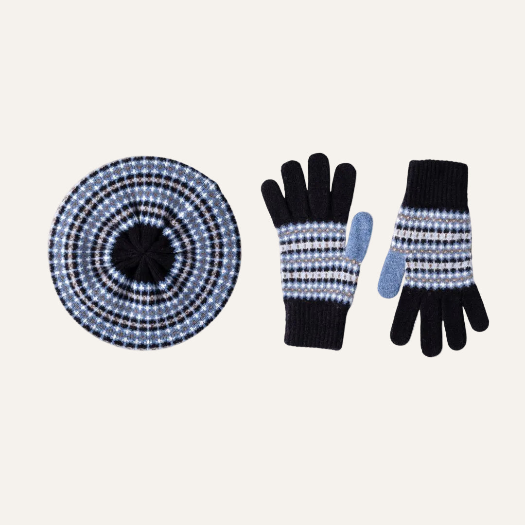 A lambswool winter accessory gift set including a knit beanie and a pair of glovesall featuring a blue, navy, and white geometric fair isle pattern on a plain white background.