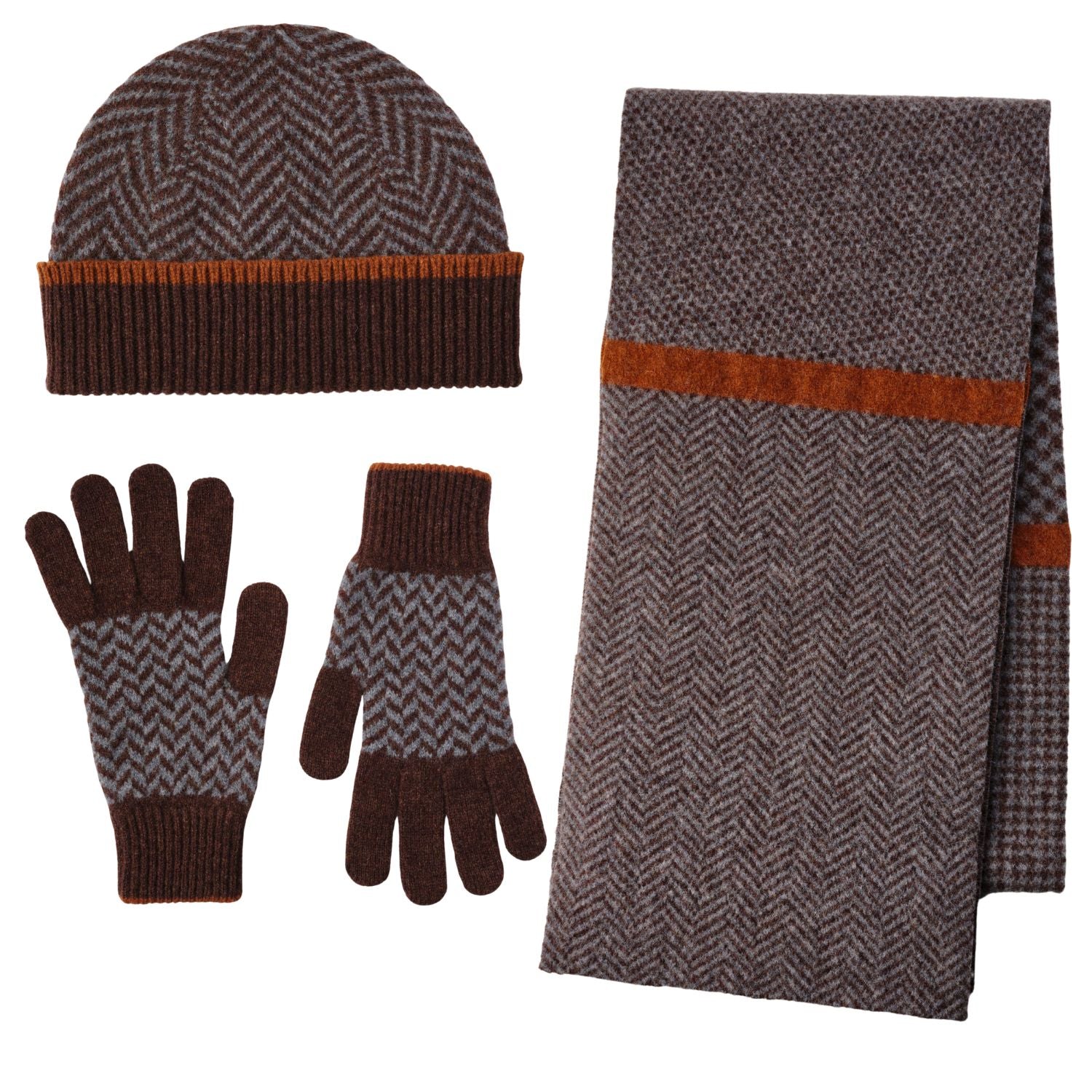 Ehically Sourced Mens Pure Wool Scarf Hat and Gloves Set | Brown Herringbone | The Cashmere Choice