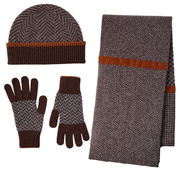 Ehically Sourced Mens Pure Wool Scarf Hat and Gloves Set | Brown Herringbone | The Cashmere Choice