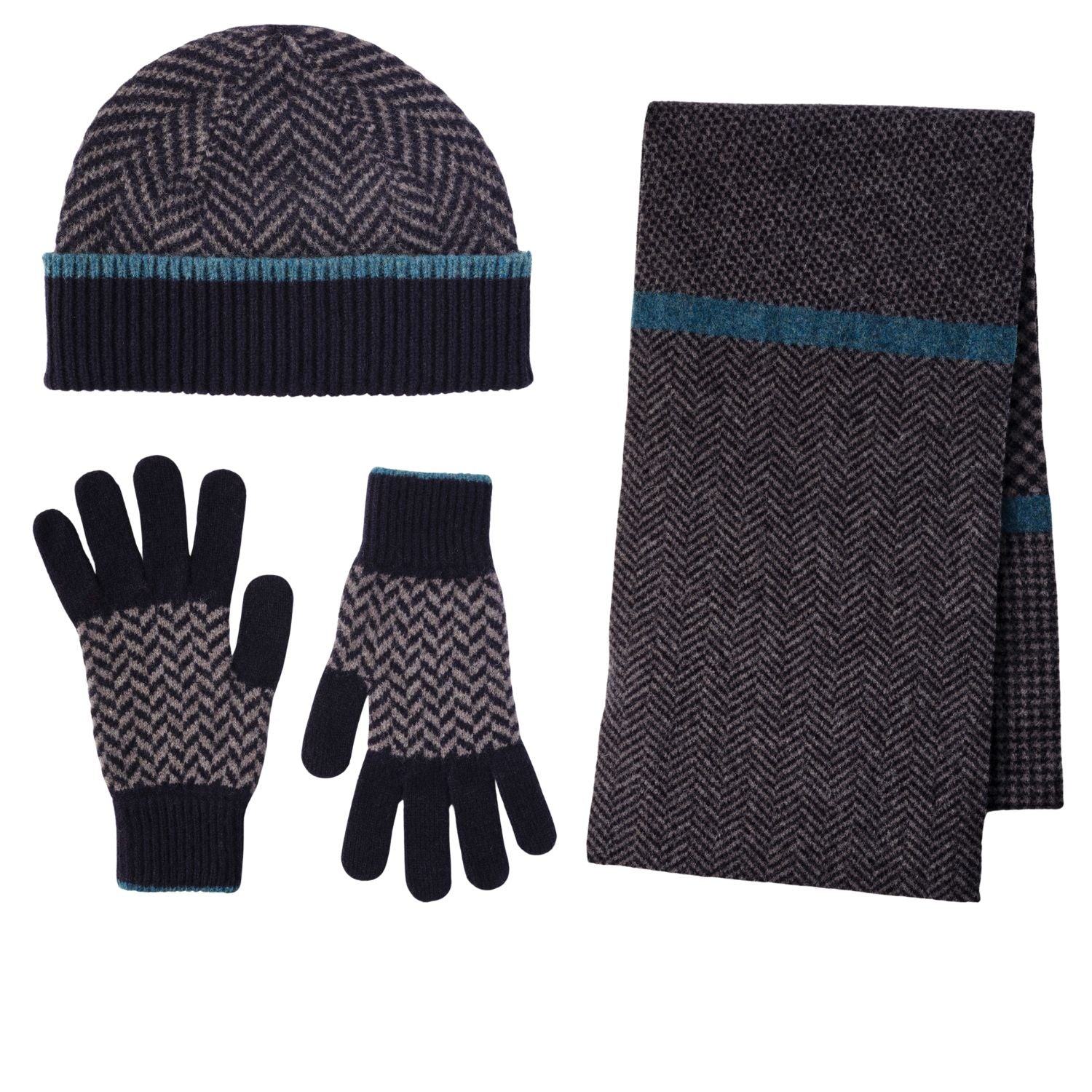 Ehically Sourced Mens Pure Wool Scarf Hat and Gloves Set | Navy Herringbone | The Cashmere Choice