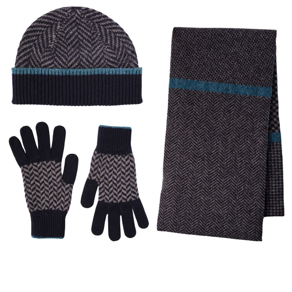 Ehically Sourced Mens Pure Wool Scarf Hat and Gloves Set | Navy Herringbone | The Cashmere Choice