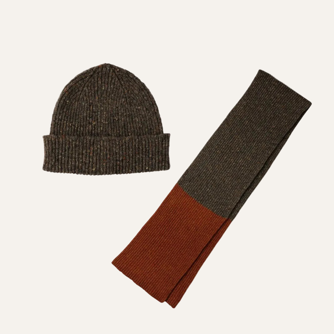 Mens Gift Set - Brown Beanie Hat and Scarf - Pure Lambswool - Lomond Lambswool